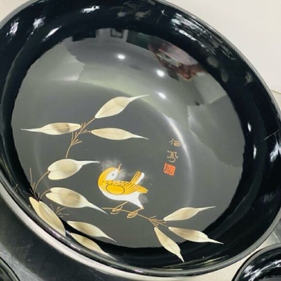 Vtg Japan Large Black Lacquer Ware Gold Embossed Salad Serving Bowl Set Of 9 Set - Picture 11 of 12